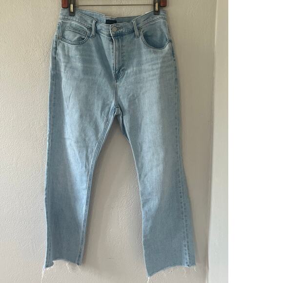 Women's Uniqlo Light Blue Slim Flared High Rise Frayed Hem Jeans Sz 10 - Picture 1 of 8